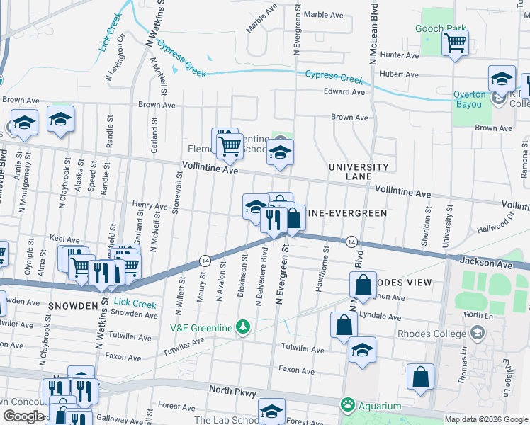 map of restaurants, bars, coffee shops, grocery stores, and more near 856 North Belvedere Boulevard in Memphis