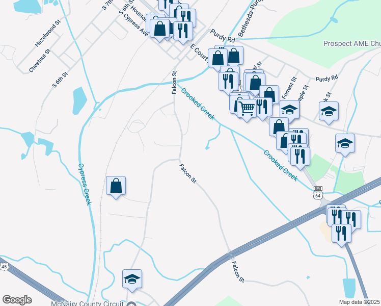 map of restaurants, bars, coffee shops, grocery stores, and more near 43 Falcon Street in Selmer