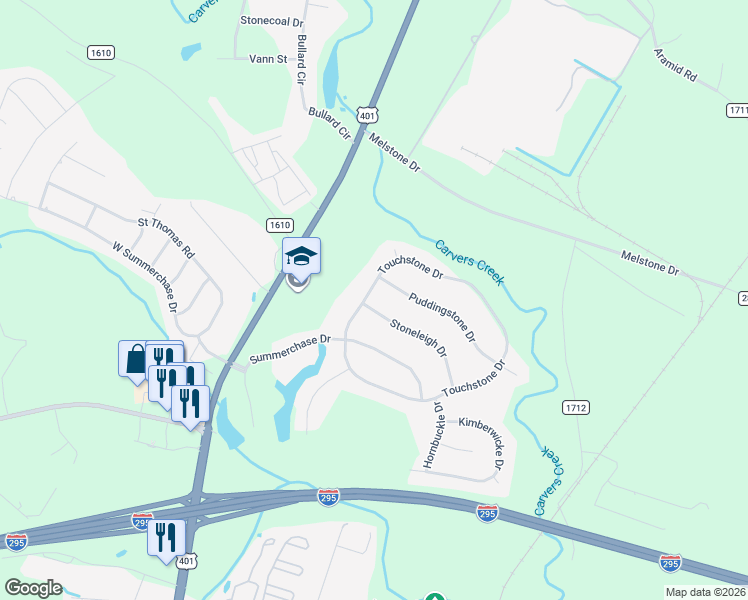map of restaurants, bars, coffee shops, grocery stores, and more near 6308 Touchstone Dr in Fayetteville