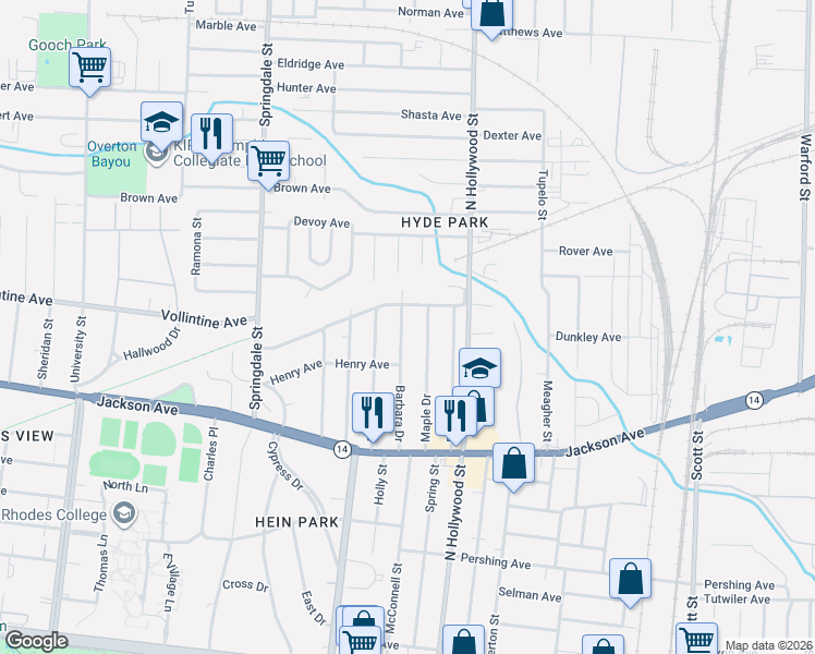 map of restaurants, bars, coffee shops, grocery stores, and more near 941 Maple Drive in Memphis