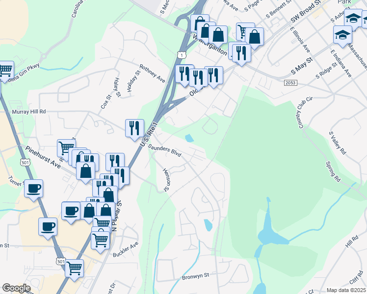 map of restaurants, bars, coffee shops, grocery stores, and more near 265 Saunders Boulevard in Southern Pines