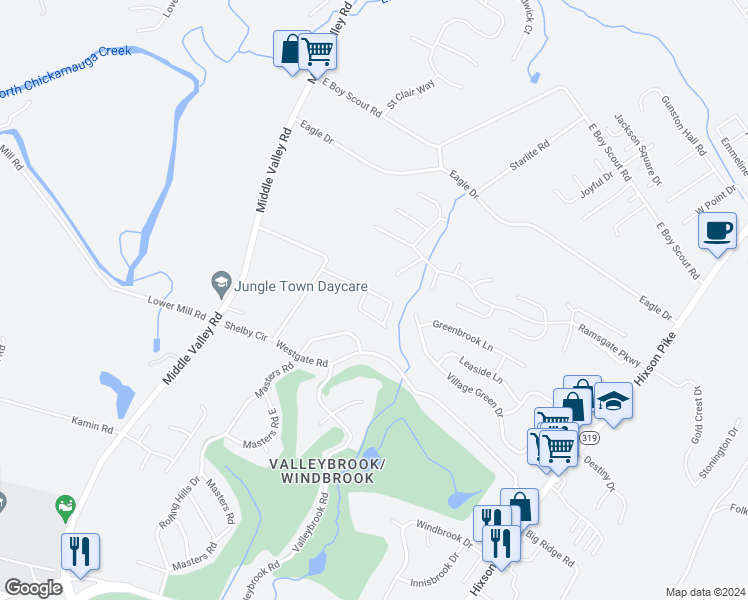 map of restaurants, bars, coffee shops, grocery stores, and more near 1620 Brook Manor Drive in Chattanooga