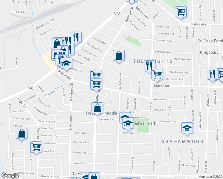 map of restaurants, bars, coffee shops, grocery stores, and more near Macon Rd & Peachtree St in Memphis
