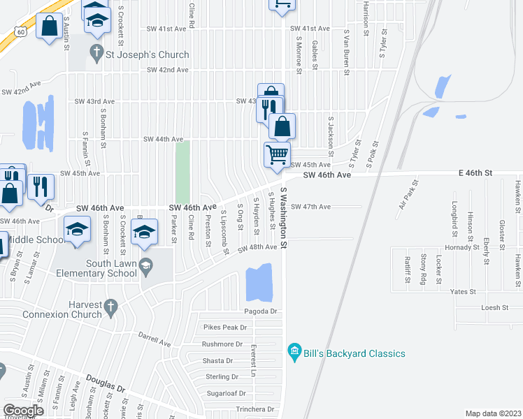 map of restaurants, bars, coffee shops, grocery stores, and more near 4613 South Hayden Street in Amarillo