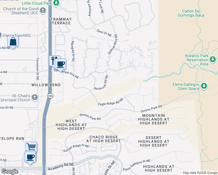 map of restaurants, bars, coffee shops, grocery stores, and more near 1237 Rockrose Road Northeast in Albuquerque