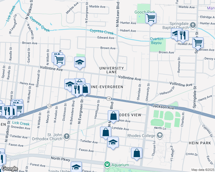 map of restaurants, bars, coffee shops, grocery stores, and more near 878 North Idlewild Street in Memphis