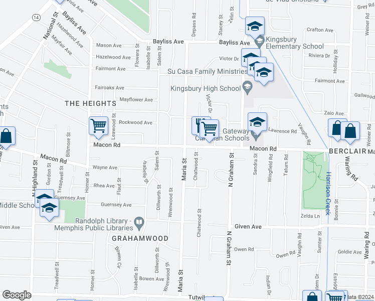 map of restaurants, bars, coffee shops, grocery stores, and more near 3889 Macon Road in Memphis