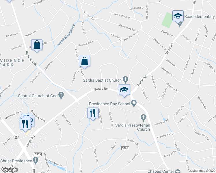 map of restaurants, bars, coffee shops, grocery stores, and more near 5723 Sardis Road in Charlotte
