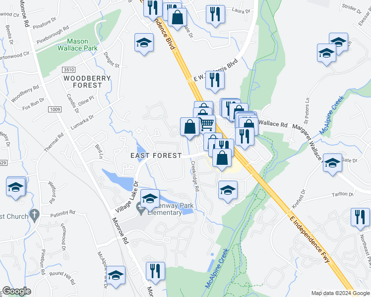 map of restaurants, bars, coffee shops, grocery stores, and more near 7516 Pebblestone Drive in Charlotte