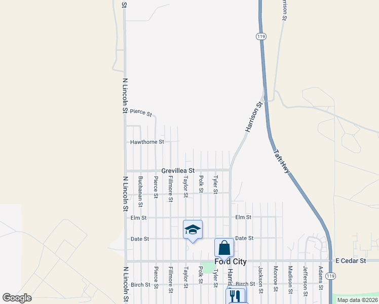map of restaurants, bars, coffee shops, grocery stores, and more near 708 Taylor Street in Taft