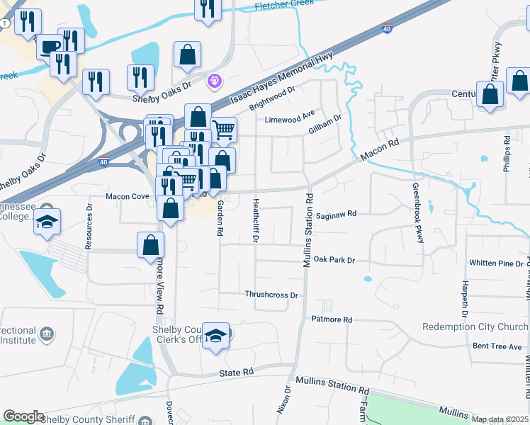map of restaurants, bars, coffee shops, grocery stores, and more near 6297 Bronte Avenue in Memphis