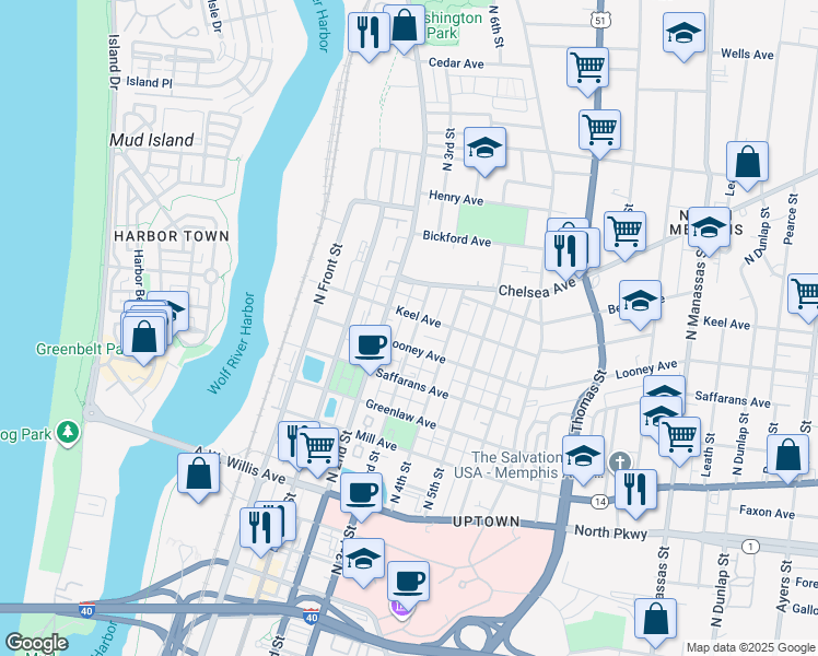 map of restaurants, bars, coffee shops, grocery stores, and more near 669 North 3rd Street in Memphis