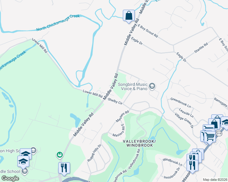 map of restaurants, bars, coffee shops, grocery stores, and more near 1517 Pheasant Run Place in Chattanooga