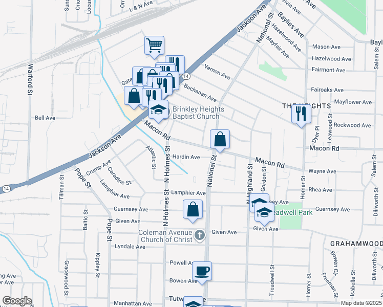 map of restaurants, bars, coffee shops, grocery stores, and more near 3345 Hardin Avenue in Memphis