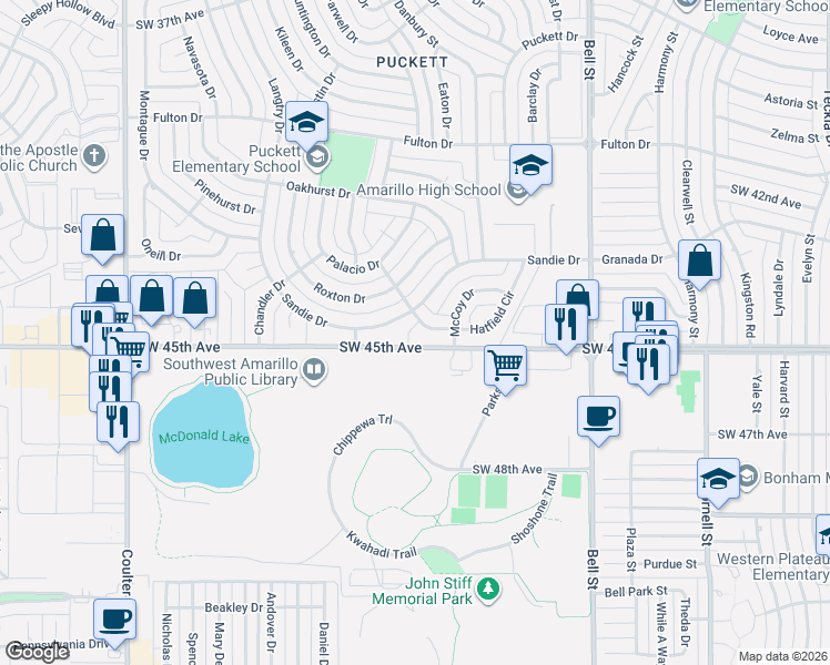 map of restaurants, bars, coffee shops, grocery stores, and more near 6800 Southwest 45th Avenue in Amarillo