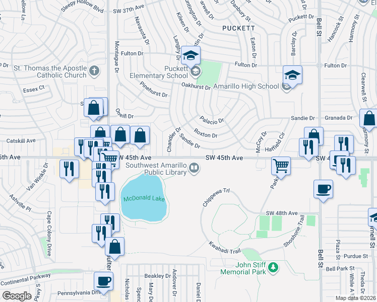 map of restaurants, bars, coffee shops, grocery stores, and more near 6743 SW 45th Ave in Amarillo