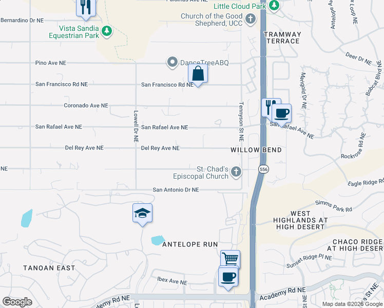 map of restaurants, bars, coffee shops, grocery stores, and more near 12201 Santa Monica Drive Northeast in Albuquerque