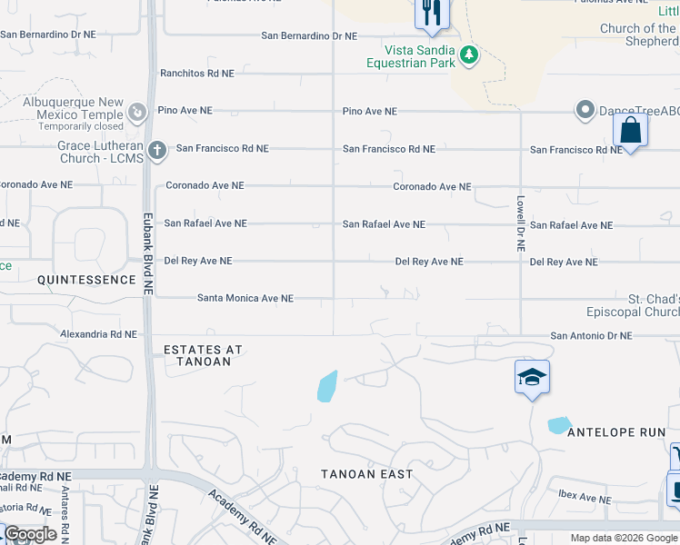 map of restaurants, bars, coffee shops, grocery stores, and more near 11251 Santa Monica Avenue Northeast in Albuquerque