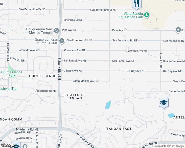 map of restaurants, bars, coffee shops, grocery stores, and more near 10811 Santa Monica Avenue Northeast in Albuquerque
