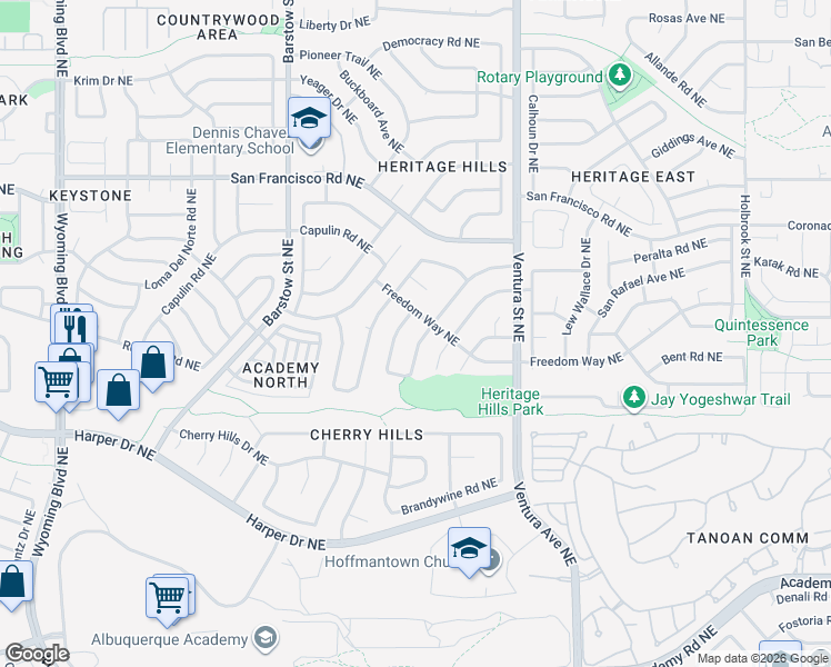 map of restaurants, bars, coffee shops, grocery stores, and more near 7121 Gettysburg Road Northeast in Albuquerque