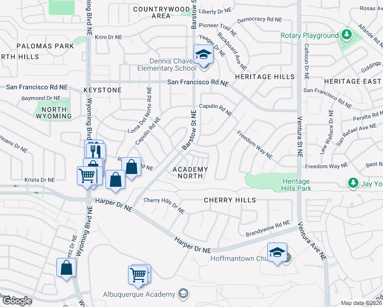 map of restaurants, bars, coffee shops, grocery stores, and more near 7213 Hollis Street Northeast in Albuquerque