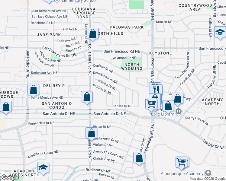 map of restaurants, bars, coffee shops, grocery stores, and more near 7416 Patricia Drive Northeast in Albuquerque