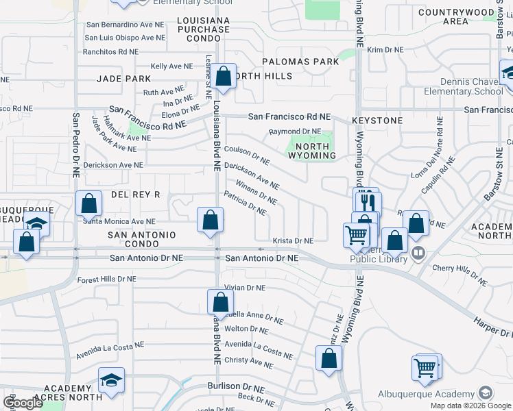 map of restaurants, bars, coffee shops, grocery stores, and more near 7416 Patricia Drive Northeast in Albuquerque