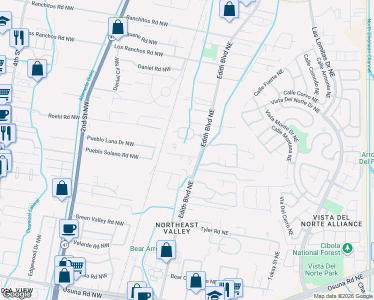 map of restaurants, bars, coffee shops, grocery stores, and more near 99999 Sin Nombre Court Northeast in Albuquerque