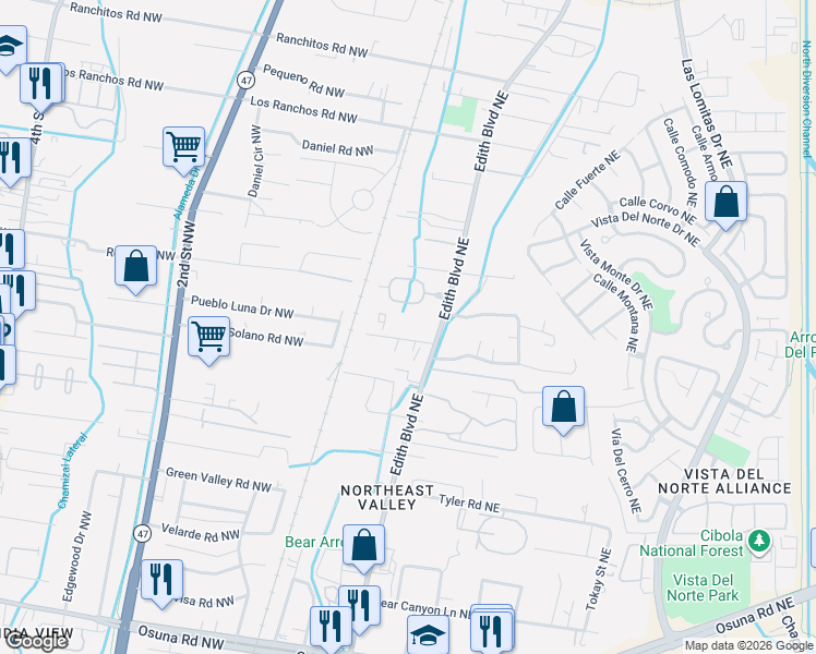 map of restaurants, bars, coffee shops, grocery stores, and more near 99999 Sin Nombre Court Northeast in Albuquerque