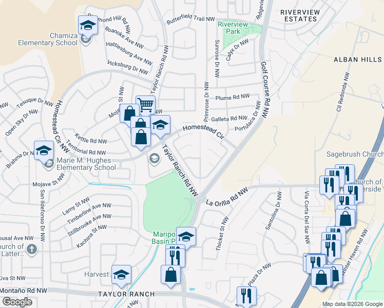 map of restaurants, bars, coffee shops, grocery stores, and more near 4820 Mesa Terraza Place Northwest in Albuquerque