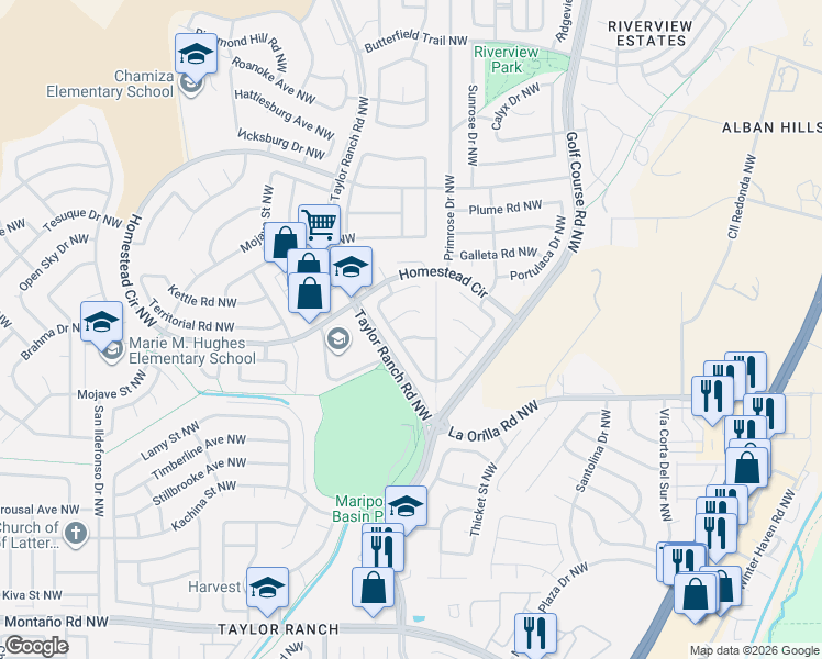 map of restaurants, bars, coffee shops, grocery stores, and more near 4820 Mesa Terraza Place Northwest in Albuquerque