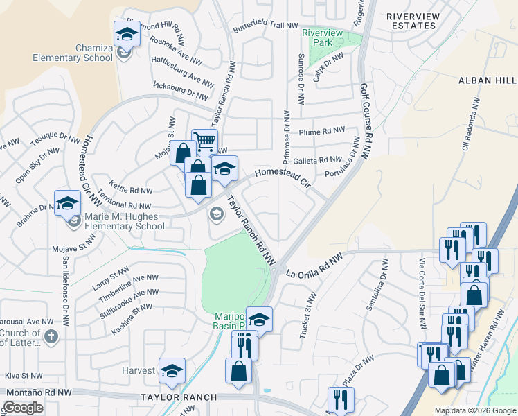 map of restaurants, bars, coffee shops, grocery stores, and more near 4820 Mesa Terraza Place Northwest in Albuquerque