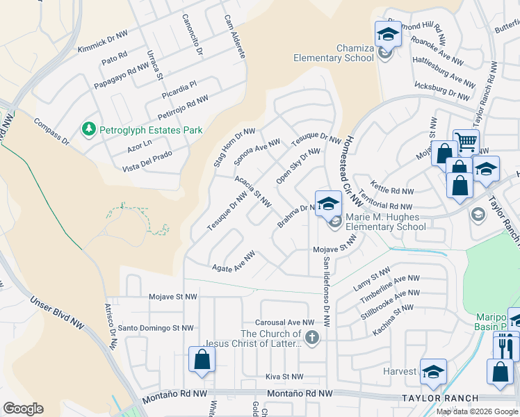 map of restaurants, bars, coffee shops, grocery stores, and more near 6115 Hokona Place Northwest in Albuquerque