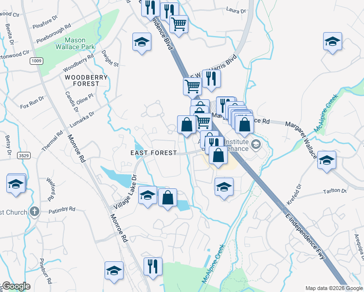 map of restaurants, bars, coffee shops, grocery stores, and more near 2140 Village Lake Drive in Charlotte