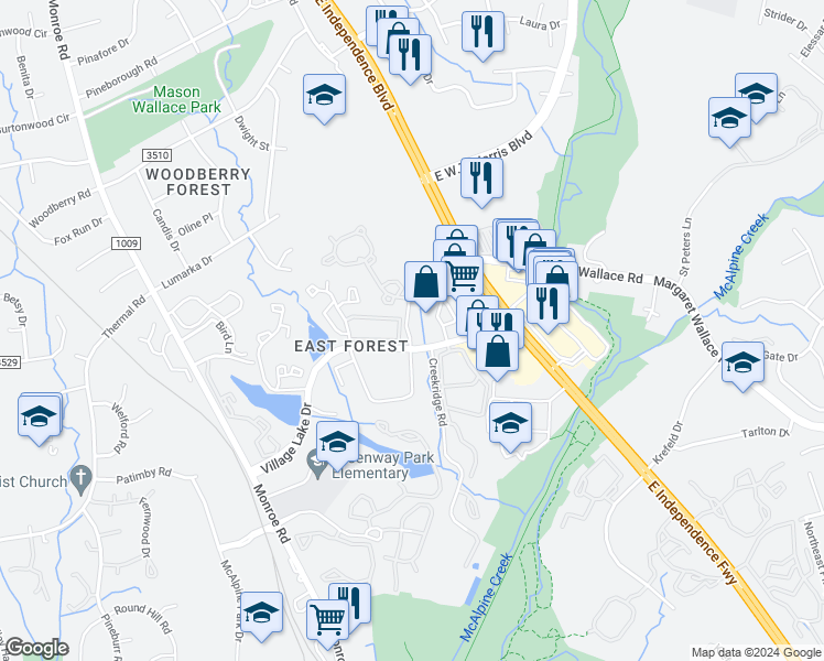 map of restaurants, bars, coffee shops, grocery stores, and more near 2140 Village Lake Drive in Charlotte