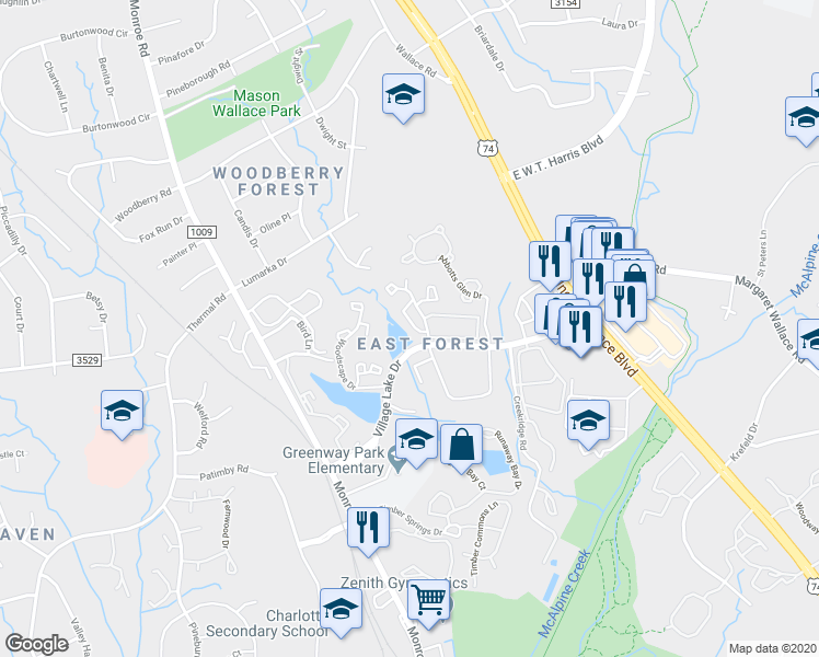 map of restaurants, bars, coffee shops, grocery stores, and more near 7352 Pebblestone Drive in Charlotte