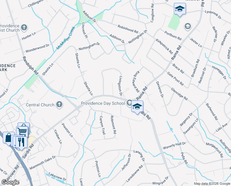 map of restaurants, bars, coffee shops, grocery stores, and more near 5723 Sardis Road in Charlotte
