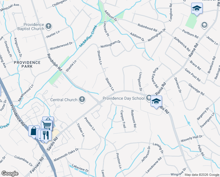 map of restaurants, bars, coffee shops, grocery stores, and more near 616 Shasta Lane in Charlotte