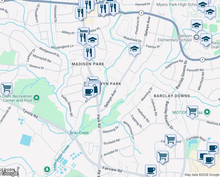 map of restaurants, bars, coffee shops, grocery stores, and more near 3808 Selwyn Avenue in Charlotte