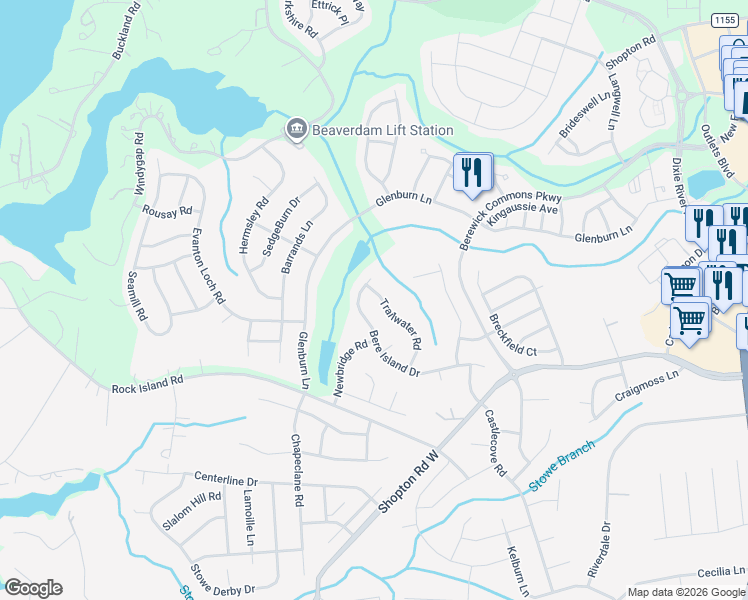 map of restaurants, bars, coffee shops, grocery stores, and more near 10718 Bere Island Drive in Charlotte