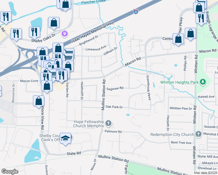 map of restaurants, bars, coffee shops, grocery stores, and more near 1320 Mullins Station Road in Memphis