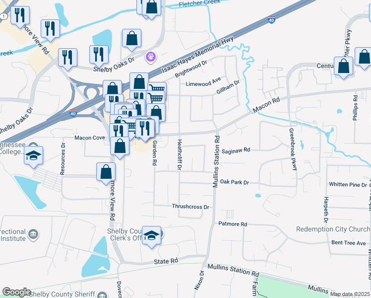 map of restaurants, bars, coffee shops, grocery stores, and more near 1333 Merimac Cove in Memphis