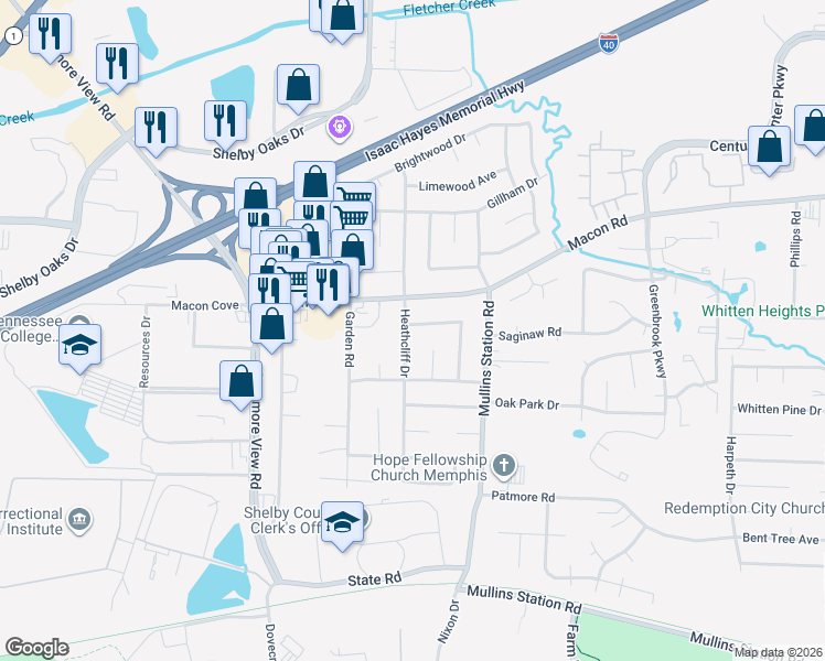 map of restaurants, bars, coffee shops, grocery stores, and more near 1333 Merimac Cove in Memphis