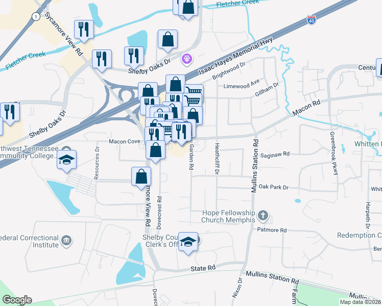 map of restaurants, bars, coffee shops, grocery stores, and more near 1317 Garden Road in Memphis