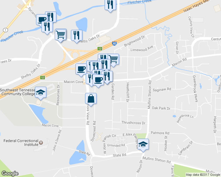 map of restaurants, bars, coffee shops, grocery stores, and more near 1317 Garden Road in Memphis