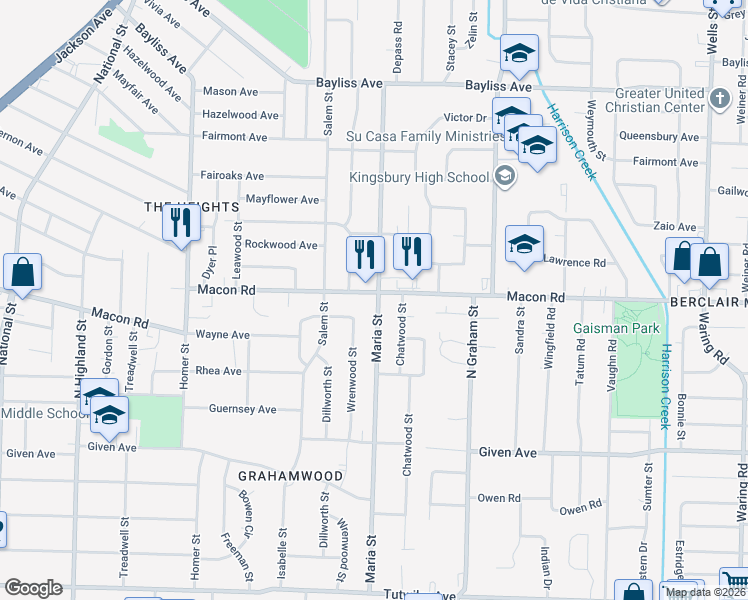 map of restaurants, bars, coffee shops, grocery stores, and more near 1092 Maria Street in Memphis