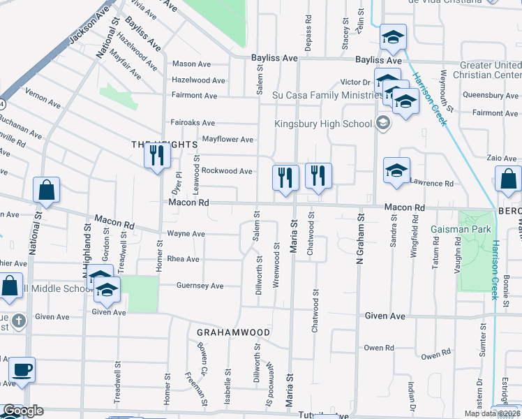 map of restaurants, bars, coffee shops, grocery stores, and more near 3801 Wayne Avenue in Memphis
