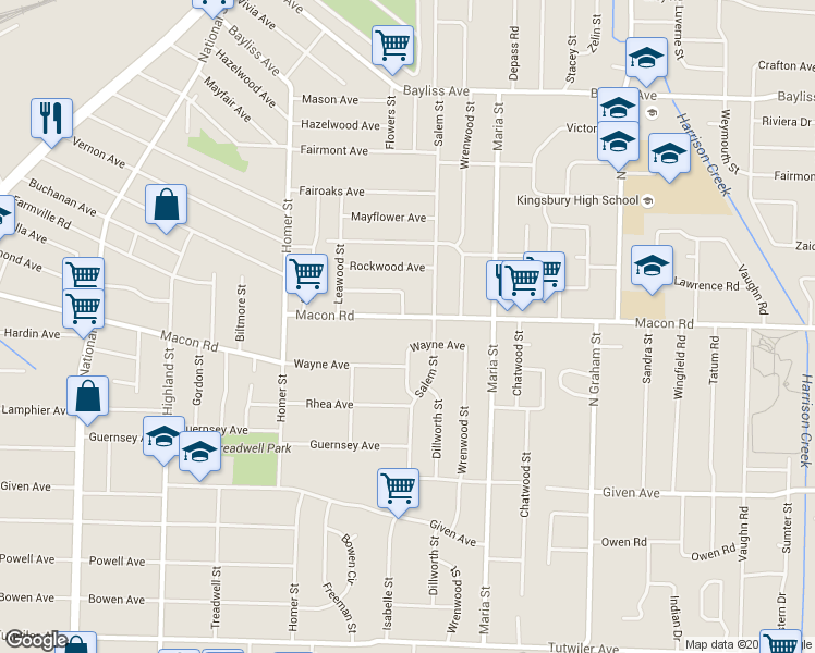 map of restaurants, bars, coffee shops, grocery stores, and more near 3801 Wayne Avenue in Memphis