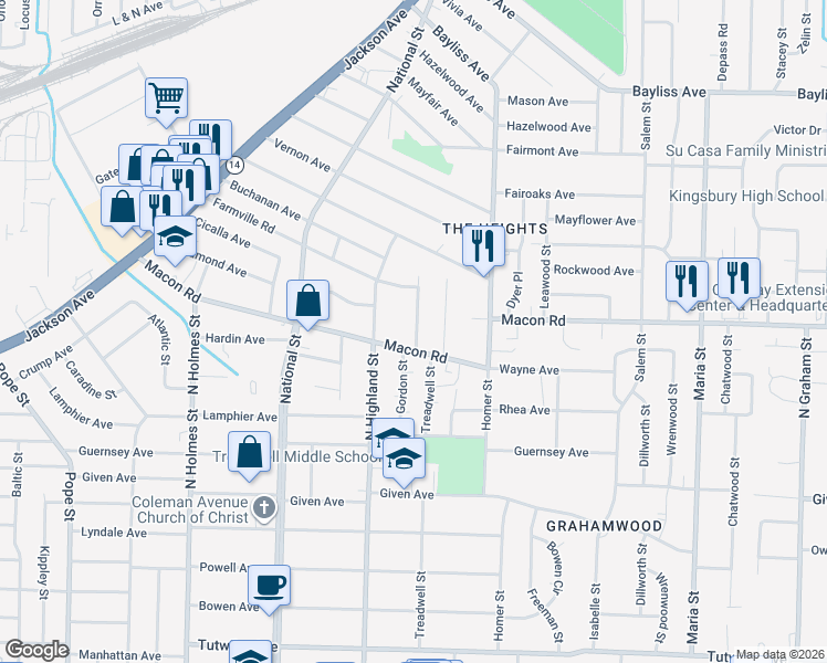 map of restaurants, bars, coffee shops, grocery stores, and more near in Memphis