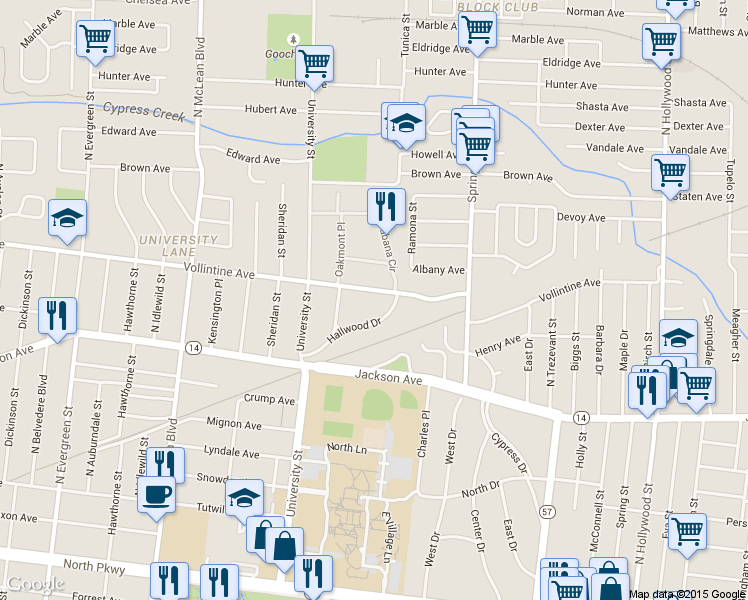 map of restaurants, bars, coffee shops, grocery stores, and more near 2088 Hallwood Drive in Memphis